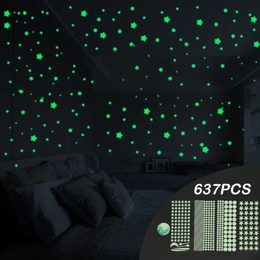 637-Piece Glow-in-the-Dark Stars Stickers: Luminous Moon Wall Decals, Fluorescent Star Ceiling Sticker Set for Bedroom and Nursery Wall Decor